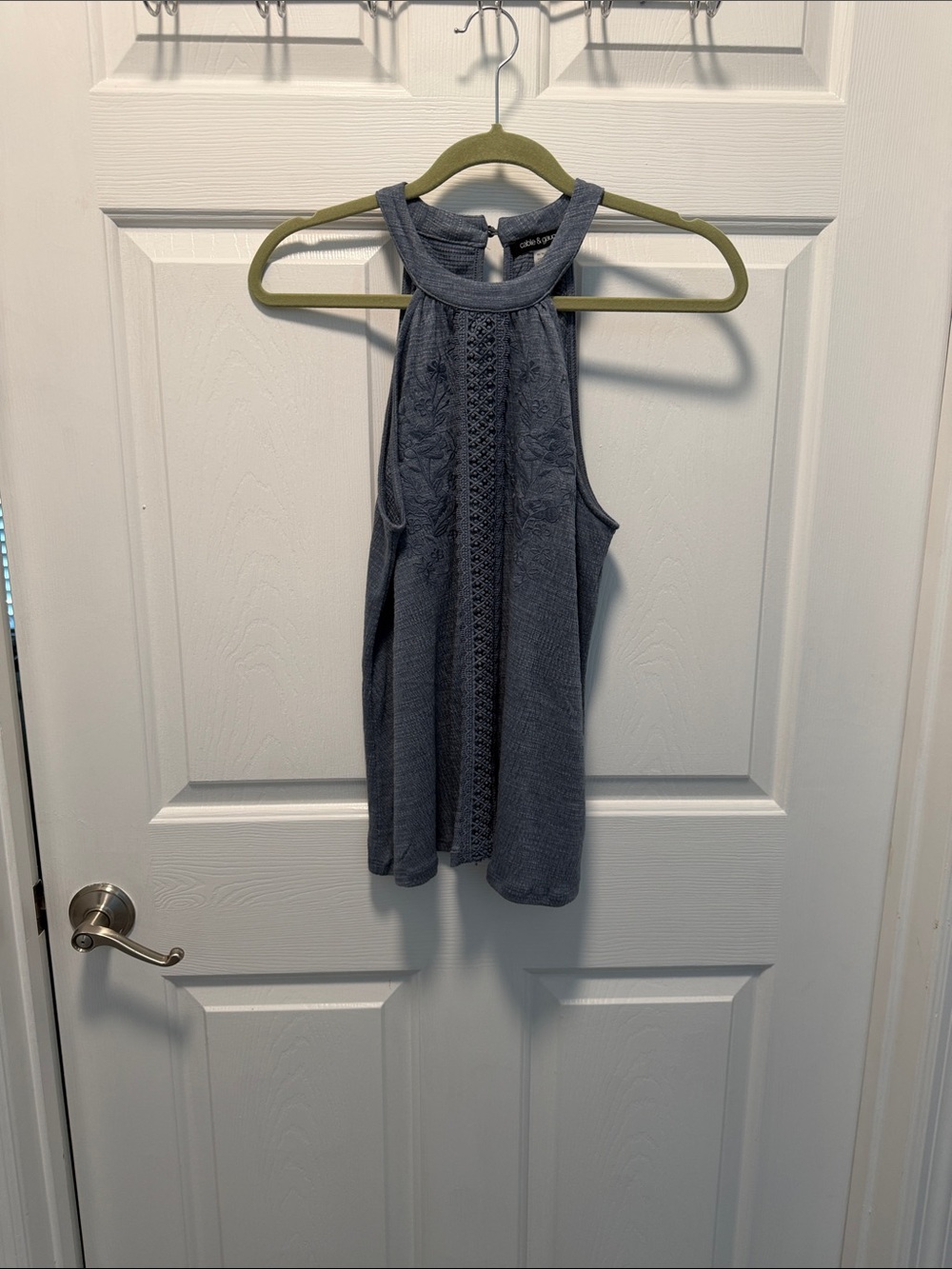 Cable & Gauge Slate Blue Crochet-Front Halter Tank